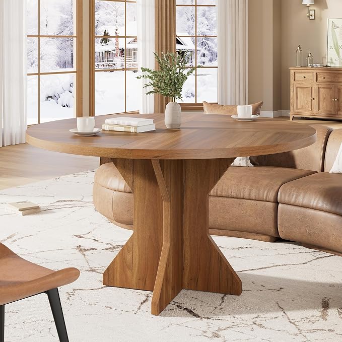 Garvee Round Dining Table for 4-6 People - 47" Circle Kitchen Dinner Table with Sturdy Pedestal Base, Small Spaces Dinning Room Furniture for Living Room, Kitchen, Apartment, Brown