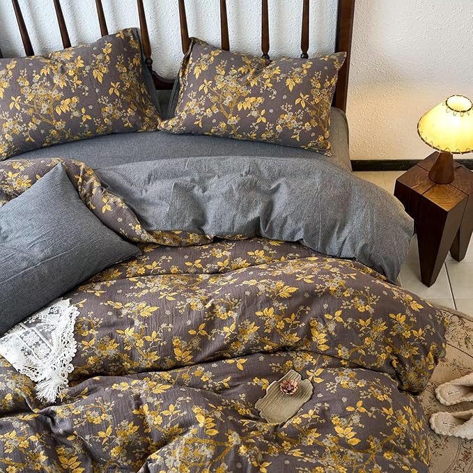 mixinni Vintage Floral Duvet Cover King Set - Gold Jacquard & Grey Reversible, 100% Yarn-Dyed Double-Layer Cotton, Breathable & Luxurious Farmhouse Bedding (3-Piece, Includes 2 Pillowcases)