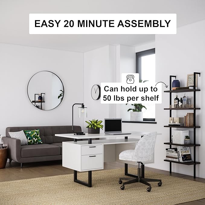 Nathan James Theo 5-Shelf Wood Modern Bookcase, Open Wall Mount Ladder Bookshelf with Industrial Metal Frame, Dark Walnut Brown/Black, Set of 3