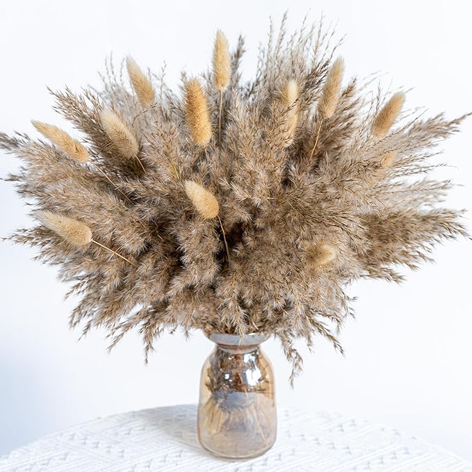 WILD AUTUMN Fluffy Boho Decor Dried Grass - Dried Pampas Grass Short pompas Grass Vase Filler Dried Flowers Wedding Home Table Rustic Farmhouse Decor