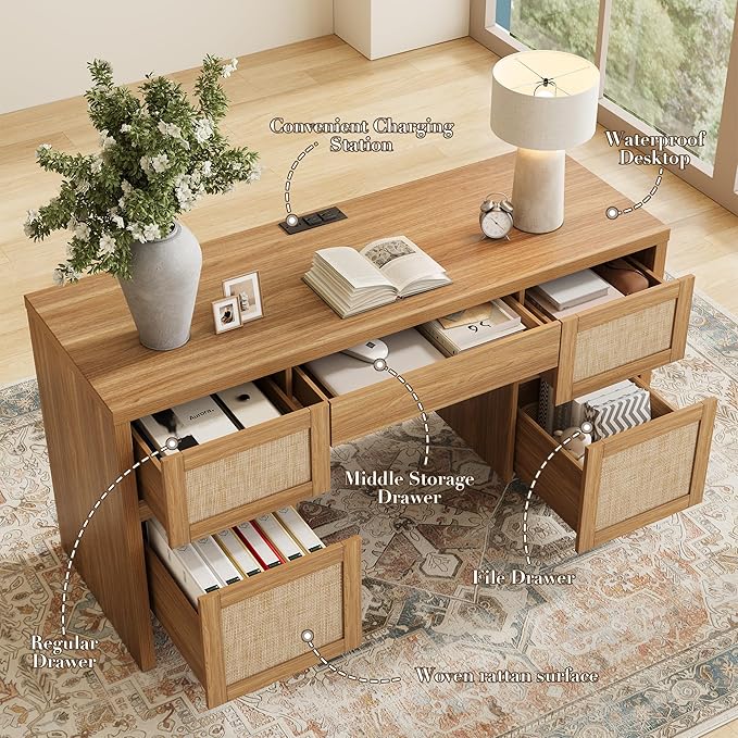 Yechen Executive Desk with 5 Drawers, 57" Modern Rattan Home Office Desk with Charging Station, File Drawer, Farmhouse Boho Computer Writing Desk for Study, Work, Oak