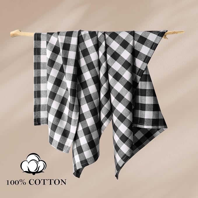 4 Pack Gingham Buffalo Check Kitchen Dish Towels 100% Cotton 16x26 Inches - Super Absorbent Quick Drying Hand Tea Towels, Restaurant Cleaning Towels with Hanging Loop, Black White