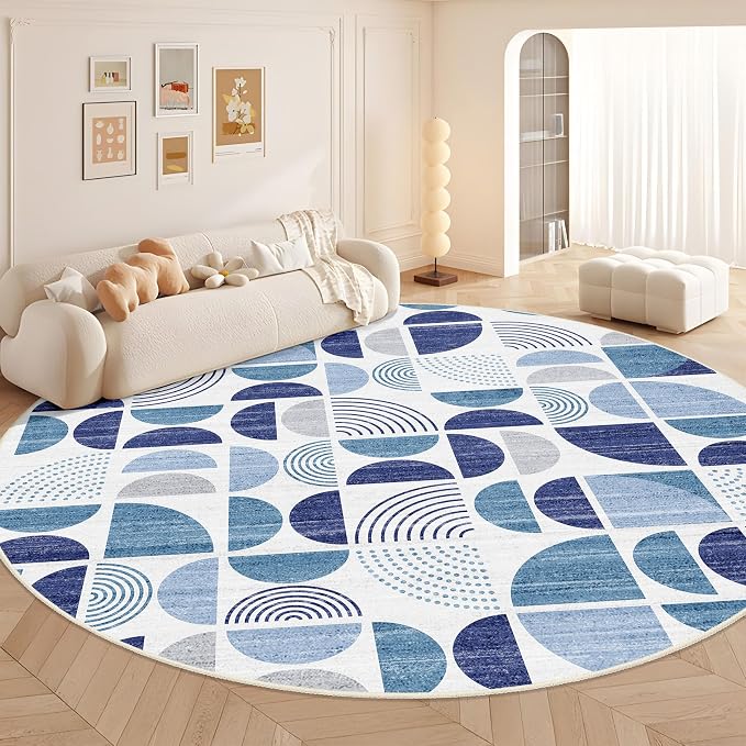 MUJOO Round Rugs 9ft,Circle Area Rug Washable,Circular Rugs for Living Room Dining Room,Large Boho Non Slip Throw Floor Carpet Modern Abstract Navy Blue
