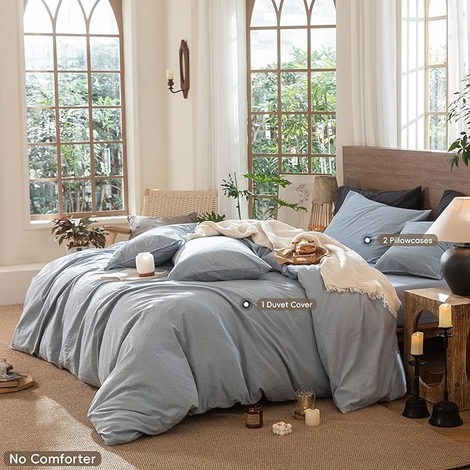 MooMee Wavy Striped Duvet Cover Set 100% Washed Cotton Linen Like Textured Breathable Durable Soft Comfy (Cornflower Blue, King 104"x90")