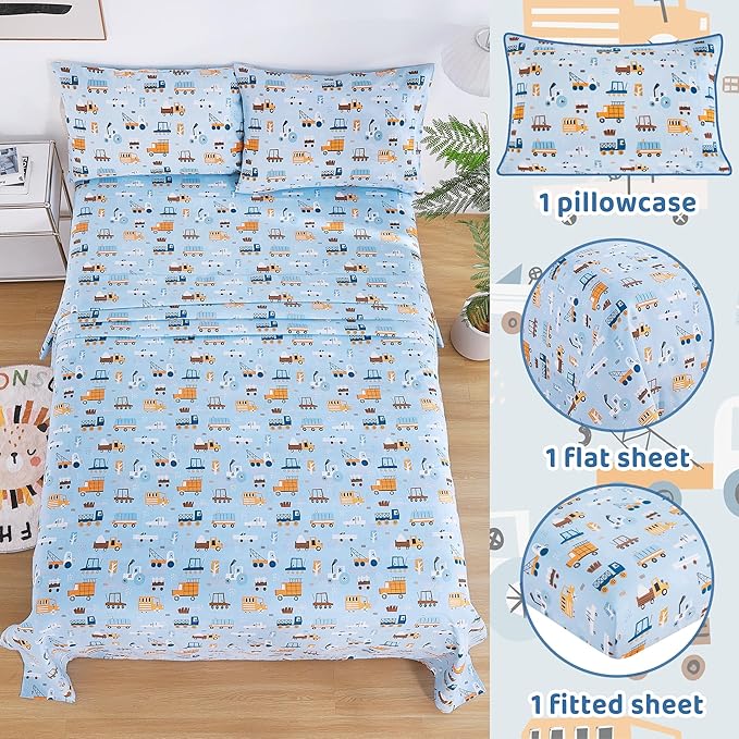 Viviland 3 Pieces Boys Blue Truck Twin Sheet Set - Soft Microfiber Fitted Flat Sheets & Pillowcase - Construction Truck Bedding Sets - for Kids & Toddlers