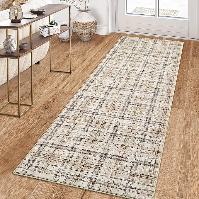 Washable Runner Rugs 2x10 Rug Runner Modern Non Slip Kitchen Rugs Indoor Entryway Rug Farmhouse Soft Bath Mat Stain Resistant Carpet for Bedroom Hallway Laundry 2'x10' Beige