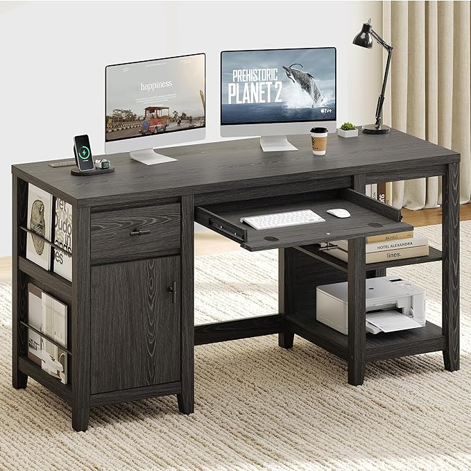 58" Executive Desk with Foldable Keyboard Tray and Charging Station, Farmhouse Wood Home Office Desk with Drawers and Magazine Rack, Large Writing Computer Desk for Home Office and Study, Black
