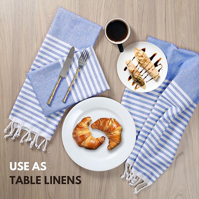 Turkish Kitchen Towels 18x26 Inches with Tassels - 4 Pack - Absorbent, Durable, Soft 100% Cotton Dish Towels for Drying & Cleaning - Machine Washable, Quick Dry - Indigo Blue
