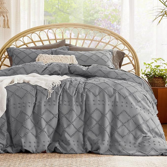Bedsure Boho Duvet Cover Queen Size - Grey Breathable & Soft Boho Bedding, Machine Washable Comforter Cover for All Seasons, Includes 1 Duvet Cover 90"x90" with 2 Pillow Shams & Zipper Closure