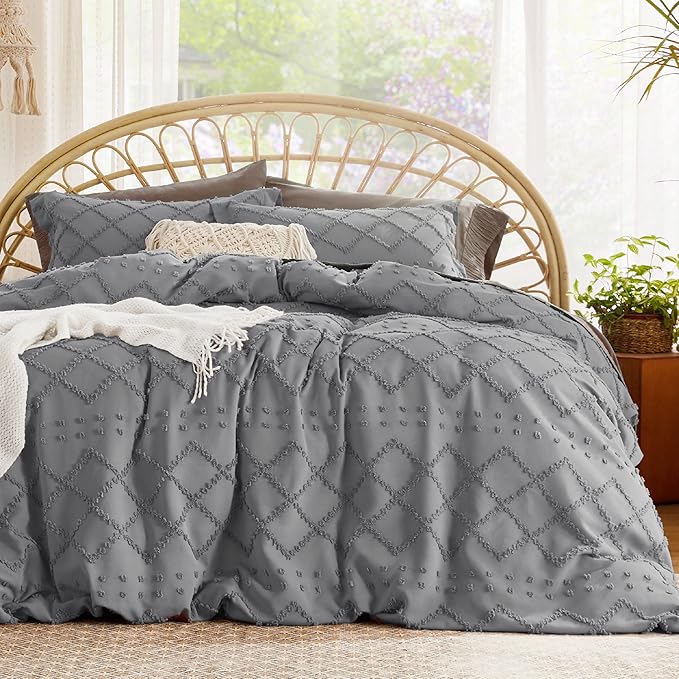 Bedsure Boho Duvet Cover King Size - Grey Breathable & Soft Boho Bedding, Machine Washable Comforter Cover for All Seasons, Includes 1 Duvet Cover 104"x90" with 2 Pillow Shams & Zipper Closure