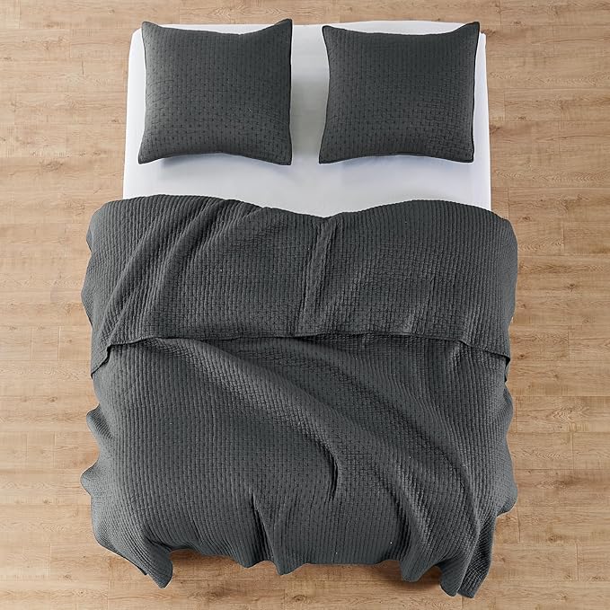 Levtex Home Cross Stitch Reversible Twin XL/Twin Quilt Set (68x86in) and 1 Pillow Sham (26x20in) - Stitch Texture - Charcoal - 0 Cotton Twin/Twin Size Quilt Bedding Set - Lightweight Soft Pre-Washed