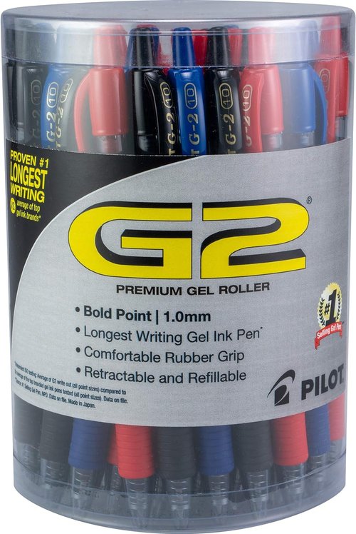 Pilot G2 Gel Roller Pens - Bold 1mm Ink, Tub of 36 in Black, Blue & Red | Perfect for School & Office Writing