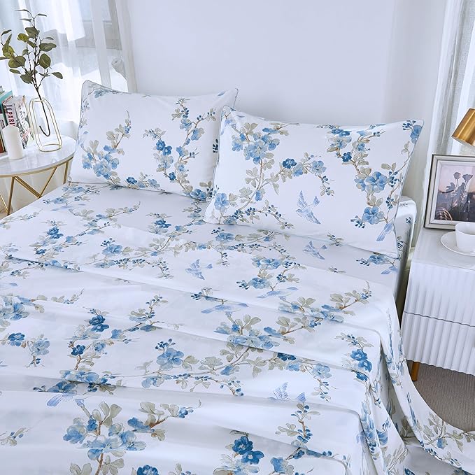 Brandream Queen Size Sheet Set Luxury Blossom Floral Birds Bedding Collections 800 Thread Count 100% Egyptian Cotton Deep Pocket, 4 Piece White Blue Botanical Branches Flower