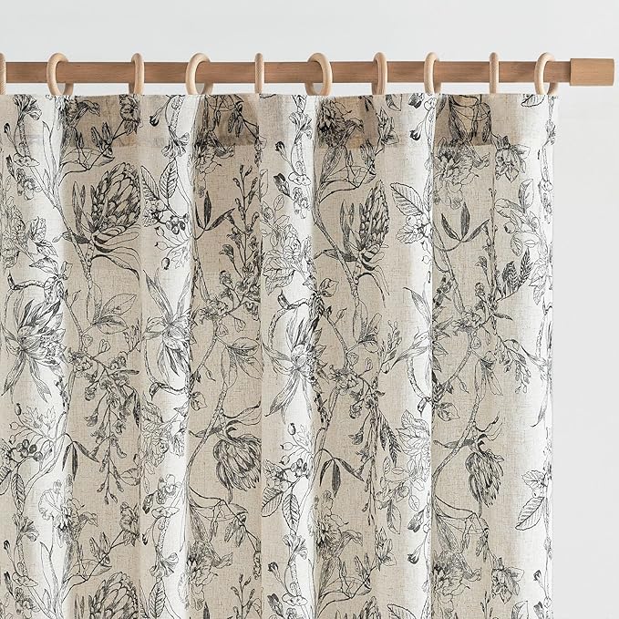 jinchan Floral Curtains 63 Inch Length Black Flower Linen Farmhouse Curtain for Living Room French Country Vintage Curtain Rod Pocket Curtains Set 2 Panels Balck Floral Printed