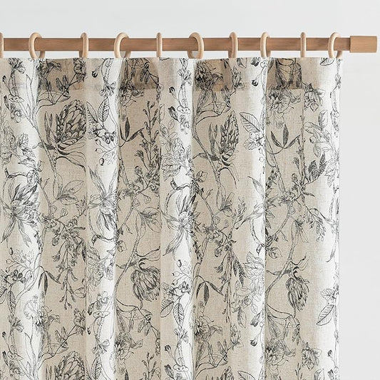 jinchan Floral Curtains 108 Inch Length Black Flower Linen Farmhouse Curtain for Living Room French Country Vintage Curtain Rod Pocket Curtains Set 2 Panels Balck Floral Printed