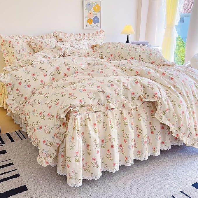 EAVD French Garden Style Pink Flower Duvet Cover with Ruffles Queen Soft Cotton Chic Shabby Pink Floral Bedding Set with 2 Pillowcases Romantic Botanical Print Duvet Cover with Zipper Closure