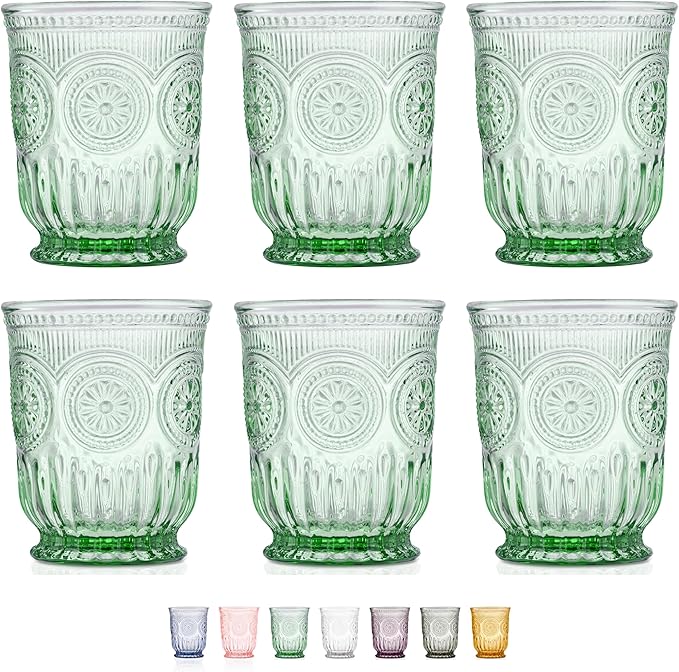 Green Small Drinking Glasses Set of 6 Vintage Hobnail 8 oz