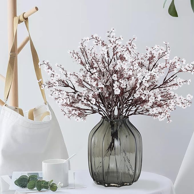 JAKY-Global 10pcs Babys Breath Artificial Flowers with Vase Gypsophila Bouquet Bulk Fake Spring Silk Flowers Real Touch Faux Floral for Home Garden Wedding Christmas Party DIY Decor (White)