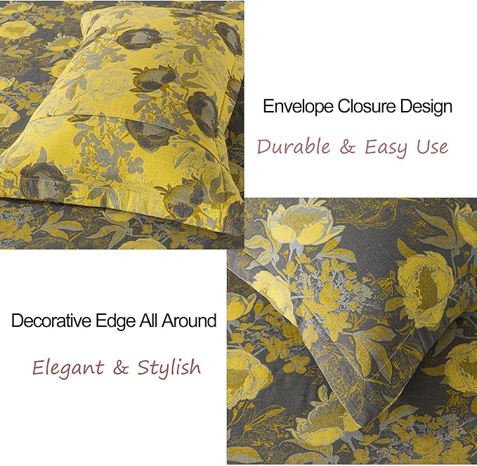 FADFAY Floral Sheets Set King Vintage Grey Yellow Floral Bedding Shabby Peony Farmhouse Bedding Super Soft Washed Double -Layer Muslin Sheets 100% Cotton Deep Pocket Fitted Sheet 4Pcs, King Size