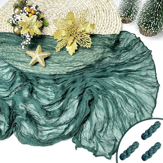 Booque Valley Christmas Table Runner 3 Pack Green Cheesecloth 10ft Soft Boho Wrinkled Decorative Gauze Sheer for Holiday Party Baptism Wedding Centerpiece Table Decor, 35x120 Inch
