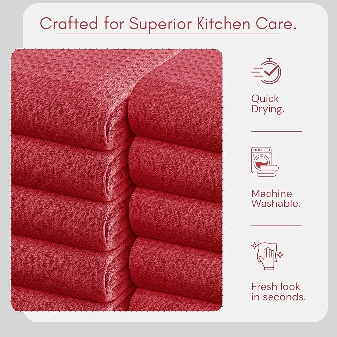 TWINY threads Red Kitchen Towels Set of 12, 16x26 Inches, 100% Cotton Waffle Weave Dish Towels, Soft and Absorbent Tea Towels with Hanging Loop, Washable Reusable Cloths for Cleaning