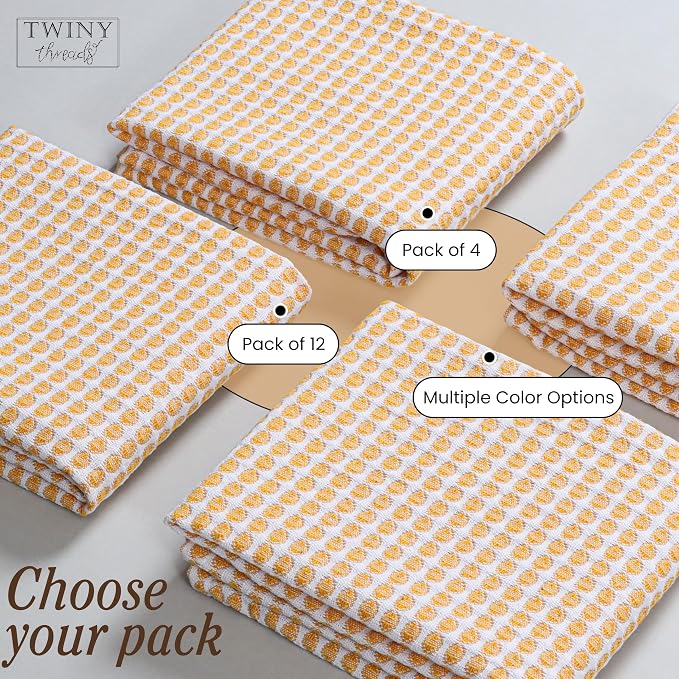 TWINY threads Circle Waffle Tea Towels 4 Pack, 16x26 Inches, 100% Cotton, Heavy Duty, Quick Dry, Reusable Dish Cloths, Ideal for Baking, Cooking, Farmhouse Kitchen Decor, Mustard Yellow