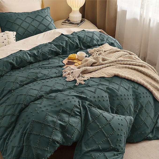 Bedsure Boho Duvet Cover Queen Size, Forest Green Breathable & Soft Boho Bedding, Machine Washable Comforter Cover for All Seasons, Includes 1 Duvet Cover 90"x90" with 2 Pillow Shams & Zipper Closure