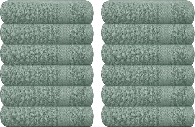 GLAMBURG Ultra Soft 12-Piece Washcloths Set 13x13-100% Ringspun Cotton - Durable & Highly Absorbent Face Towels - Ideal for use in Bathroom, Kitchen, Gym, Spa & General Cleaning - Jade