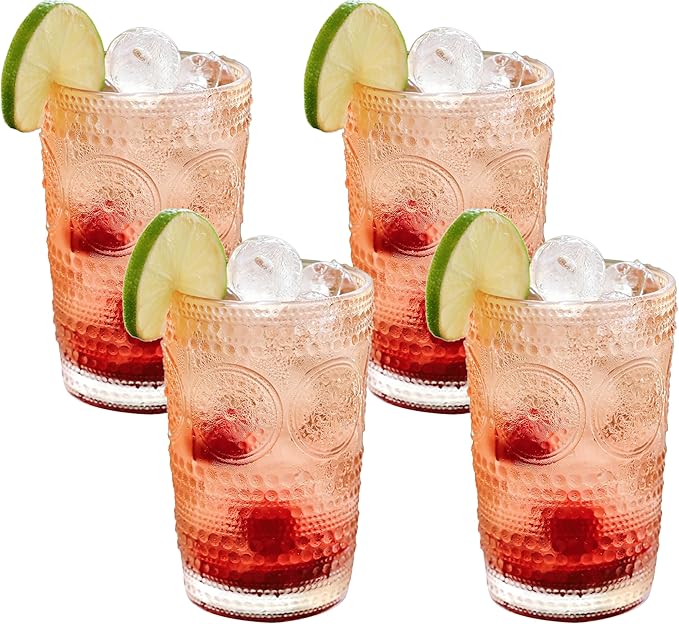 Kate Aspen Hobnail Beaded Floral Rose Gold Drinking Glasses Set of 6,(13 oz) Vintage Glassware Cocktail Glass Set,Juice Glass,Water Cups Great Hostess Gift & Gift for New Home Owners(Pack of 4)