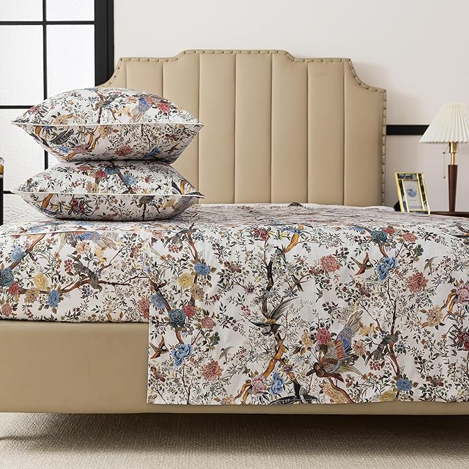 FADFAY Sheets Set Cal King Shabby Botanical Bird Floral Bed Sheets Vintage Mocha Mousse Branches Bedding Collections 100% Egyptian Cotton Breathable Soft 17.7" Deep Pocket 4Pcs, California King Size