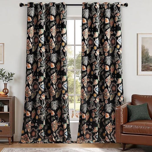 XiDi Black Dark Floral Curtains 102 Inches Long 2 Panels 100% Blackout Patterned Curtains Thermal Insulated Luxury Vintage Flower Botanical Printed Drapes Grommet for Living Room Bedroom Decor 52x102