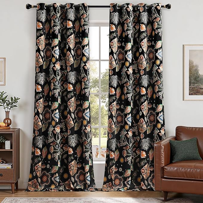 XiDi Black Floral Curtains 90 Inches Long for Living Room Bedroom 2 Panels Blackout Patterned Curtains Decorative Thermal Insulated Luxury Vintage Dark Flower Botanical Printed Grommet Drapes 52x90