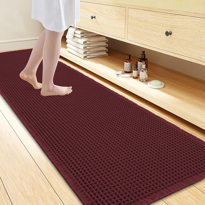 Smiry Waffle Bath Mat 72x24, Extra Soft Absorbent Bathroom Rugs, Non Slip Machine Washable Quick Dry Bath Rugs for Bathroom Floor, Tub, Shower, Home Decor Accessories, Burgundy