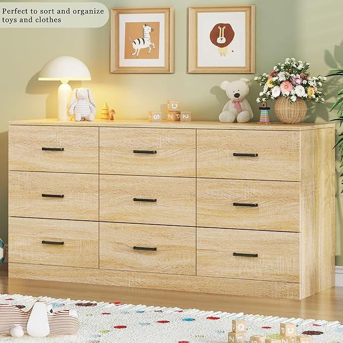 9 Drawer Dresser for Bedroom, 60'' Long Mid Century Modern Dressers TV Stand, Wood Vintage Chests of Drawers, Large Storage Organizer for Bedroom, Closet, Entryway, Natural Oak