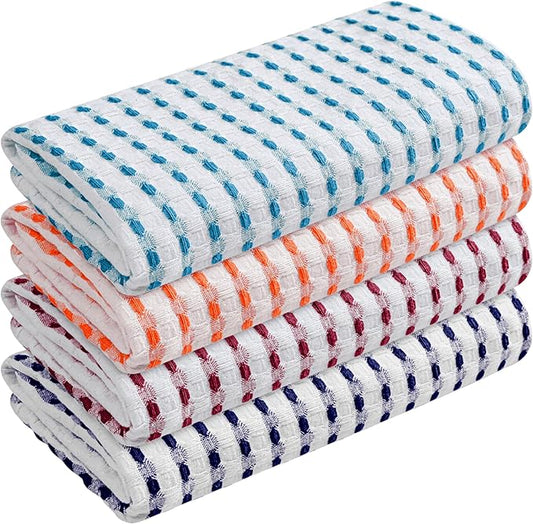 TWINY threads Multi Colors White Waffle Towels 4 Pack, 16x26 Inches Absorbent Waffle Weave Kitchen Dish Cloth Set, Durable & Machine Washable Tea Towel, Turquiose Blue, Orange, Burgundy, Indigo Blue