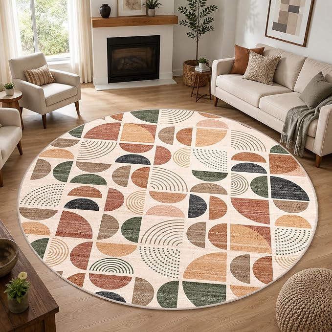 MUJOO Round Rugs 9ft,Circle Area Rug Washable,Circular Rugs for Living Room Dining Room,Large Boho Non Slip Throw Floor Carpet Modern Abstract Bohemian Terracotta