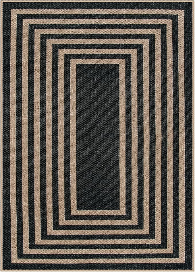 Lahome Enfys Modern Geometric Easy Jute Outdoor Rug, 5x7 Patio Living Room Rug Large Black Carpet for Bedroom, Farmhouse Washable Indoor Outdoor Carpet for Dining Room Backyard Deck