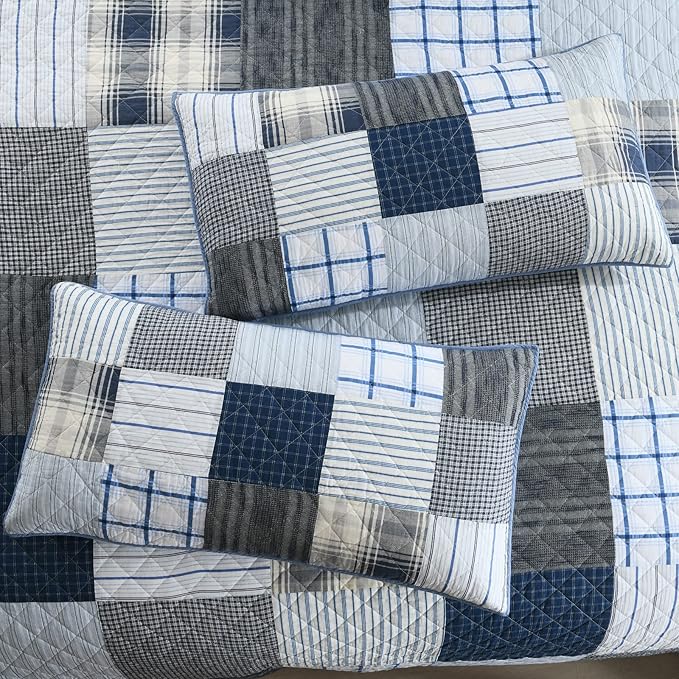 Yvooxny King Quilt Set Bedspread Reversible Plaid Grid Quilted Bedspread 3-Piece Real Patchwork Quilt Bedding Set with Pillowcases for All Seasons, King Size, 108 * 96 Inches