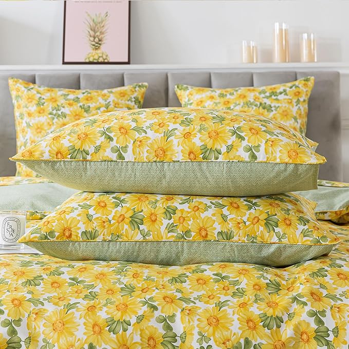 FADFAY Sunflower College Duvet Cover Set Vintage Yellow Daisy Floral Bedding Shabby Botanical Dorm Room Comforter Cover Set 100% Cotton Soft Quilt Cover with Hidden Zipper Closure 3Pcs, Twin XL Size