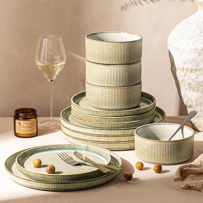 GBHOME 12-Piece Stoneware Dinnerware Set for 4 – Ribbed Ceramic Plates and Bowls, Scratch-Resistant, Microwave & Dishwasher Safe, Reactive Glaze, Desert Sage