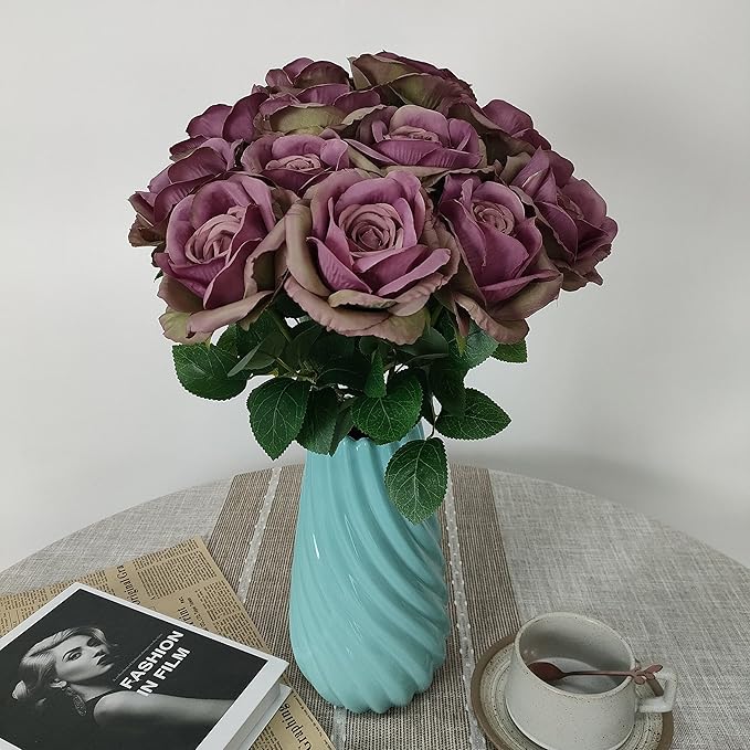 Fall Purple Satin Roses,12 Pcs Purple Roses Flowers, Silk Floral,Artificial Flowers with Stems for Wedding Arrangement Centerpieces Party Home Table Decorations,Flores Artificiales