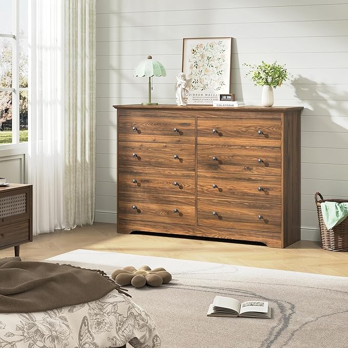 Brown Dresser for Bedroom，55" Wide 8 Drawers Dressers,Modern Wooden Chest for Living Room, Hallway