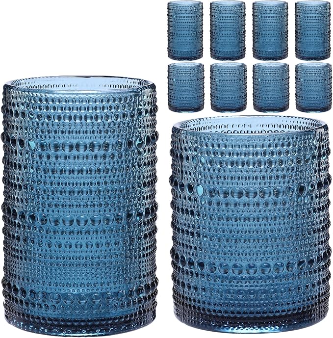 ZMOWIPDL Vintage Hobnail Drinking Glasses Set of 8,Blue 12 oz & 15oz Highball Glass Cups,Kitchen Drinkware Glassware,Embossed Water Tumbler,for Beer,Cocktail,Whiskey,Juice and Various Mixed Drinks