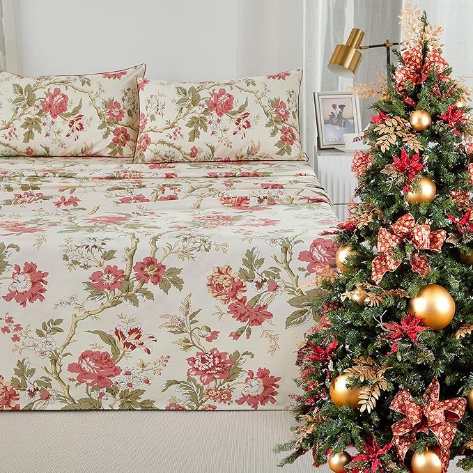 Brandream Floral Bedding Chinoiserie Blossom Farmhouse Sheets Set Queen Size Luxury Grandmillennial Bedding Decor 100% Egyptian Cotton Deep Pocket, 4Pieces Botanical Tree Branches Ornamental Drawing