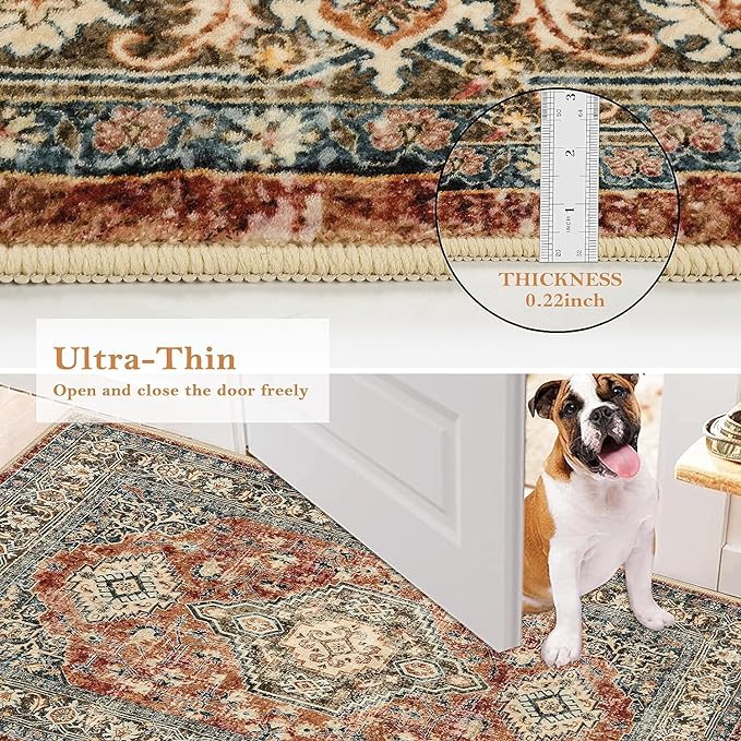 Lahome Oriental Washable Runner Rug Non Slip, 2x7 Rug Runners for Hallways Kitchen, Ultra-Thin Hallway Rugs for Laundry Room Bathroom Bedroom, Brick Red