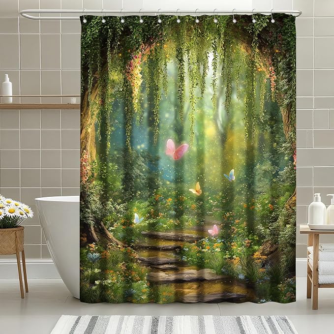 Green Tree Shower Curtain Butterflies Shower Curtains for Bathroom Waterproof Fabric Bath Curtain Decor with Hooks