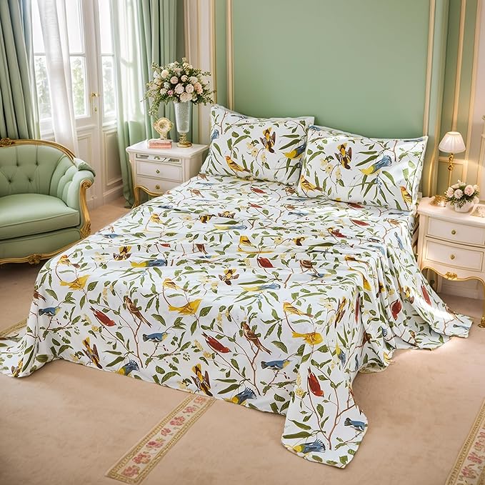 Brandream Eastern Floral Birds Bedding Chinoiserie Blossom Sheet Set Luxury Bedding 800TC 100% Egyptian Cotton Deep Pocket White Green Asian Style Botanical Ornamental Drawing, 4PC-King Size