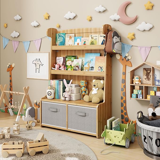 Kids Bookshelf and Toy Storage Organizer, 3 Tier Bamboo Todders Book Shelf Large Book Rack for Child Room Playroom Nursery for Kids, Children, Toddlers (Nature)