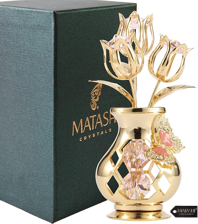 Matashi 24K Gold Plated Flower Ornament with Pink Crystals & Butterfly – Elegant Vase Décor – Perfect Christmas, Valentine’s for Her, Mom, Wife, Grandma