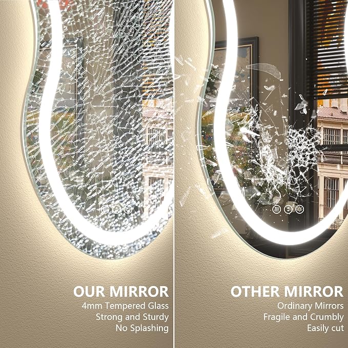 48x26 Inch Irregular LED Backlit Bathroom Mirror, Asymmetrical Cloud Led Lighted Vanity Mirror for Wall, Anit-Fog, Dimmable, Memory, 3 Colors, Shatterproof(Horizontal/Vertical)